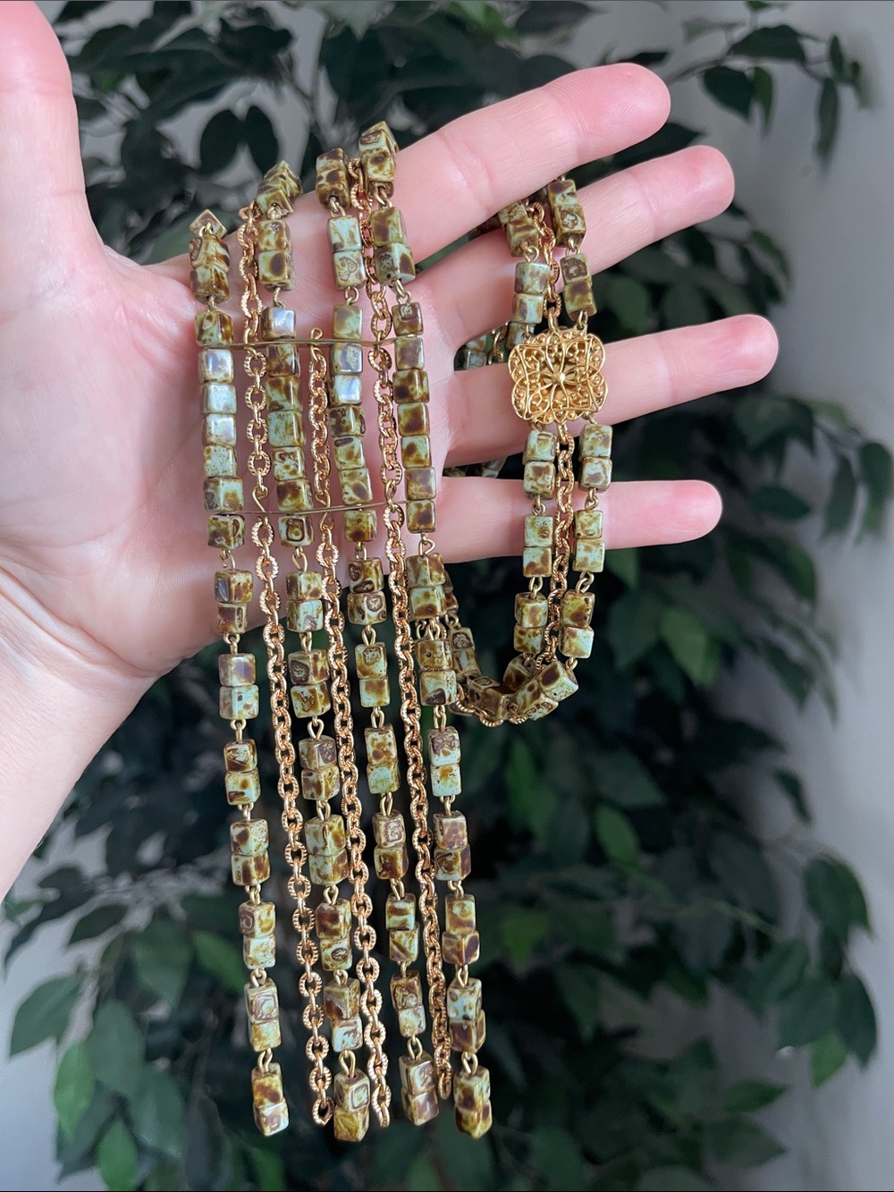 GREEN GODDESS | Picasso Jasper Square Stone Bead Necklace
